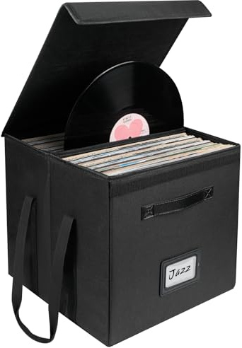 Uniclife 30 cm Vinyl Record Storage Box, Collapsible LP Storage Organizer with Lid & Handles, Splash-Resistant Album Storage Crate for 120 Single Records, Black Vinyl Record Holder, 33 × 33 × 33 cm