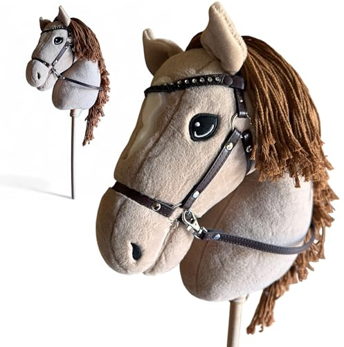Playful Minds Large Hobby Horse for Kids and Adults – Show Quality with Rhinestone Studded Bridle, Removable Reins, and Long Mane – Plush Handmade Tournament Stick Horse, Palomino