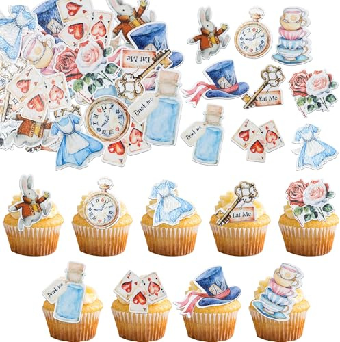 Gyufise 63Pcs Edible Alice Wonderland Cupcake Toppers Tea Party Cake Decorations Edible Butterfly Flower Bowl Key Clock Eat Me Cupcake Picks for Tea Party Baby Shower Birthday Party Supplies Red