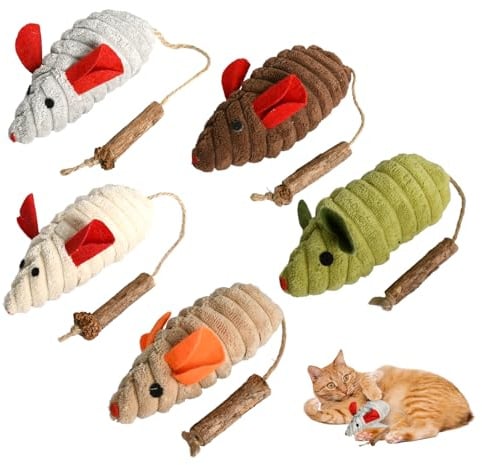 Rieoany 5 pcs Catnip Mice Toys for Cats Interactive Plush Kitten Mouse Toys for Indoor Cats Chewing & Teeth Cleaning Matatabi Stick