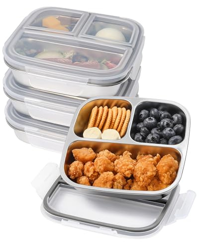 Misichao Stainless Steel Snack Box with 3 Compartments 600ml 4 Pack Grey | Reusable Small Bento Lunch Container for Kids and Adults, Divided Food Tray for School, Work, Travel