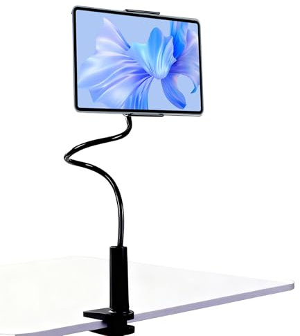 Horktrust Soporte Tablet Cama 80 cm, Brazo Flexible con Giro 360°, Soporte para Tablet Compatible con Tablets de 4 a 10,6 Pulgadas, Pinza Estable para Cama, Sofá, Mesilla y Escritorio, Negro