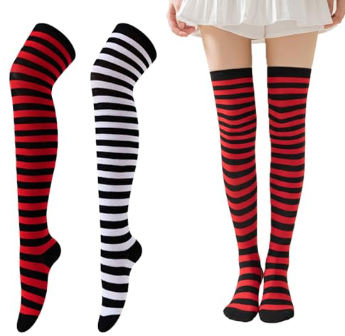 GIEEU 2 Paia di Calzettoni a Righe Donna, Calze sopra il Ginocchio Sottili, Calze Righe Nere e Rosse Natalizie Cosplay Calze al Ginocchio Autunno/Inverno