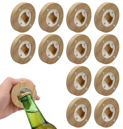 12 abrebotellas de madera, abridor de botellas Rohling, madera 6 x 6 x 1 cm, imanes de madera, abridor de botellas