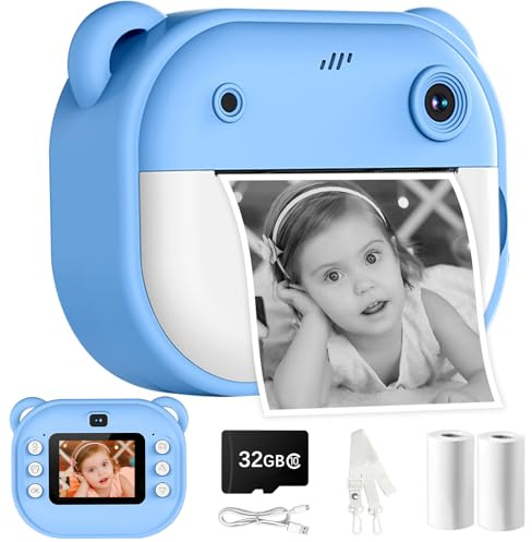 Sofortbildkamera Kinder, 1080P Dual-Linse Kinderkamera Sofortbildkamera, 2 Bildschirm Digitalkamera Kinder mit 32GB Karte & Druckpapier, Geburtstag Geschenke für 3-12 Jahren Jungen Mädchen(Blau)