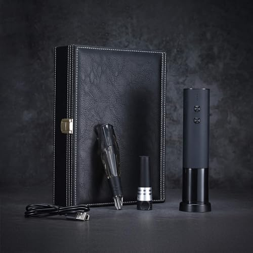 Electric Wine Opener Gift Set with Premium Leather Box – Rechargeable Automatic Corkscrew Kit with Charging Base, Aerator, Vacuum Stoppers & Foil Cutter – Weddings & Housewarming