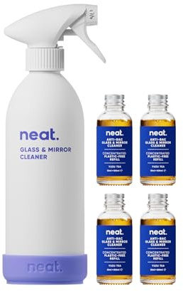 Neat Antibacterial Glass Cleaner Kit, Bottle + 4 x 30ml, Yuzu Tea Scent | Includes a reusable aluminium spray bottle and 4 x 30ml Yuzu Tea concentrates for streak-free mirrors and glass.