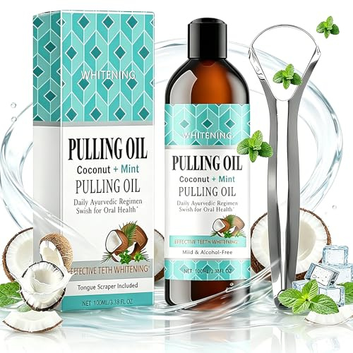 Coconut Oil Pulling Mouthwash for Teeth & Gums - Alcohol-Free, Mint Flavor with Tongue Scraper, Promotes Fresh Breath, Whiter Teeth