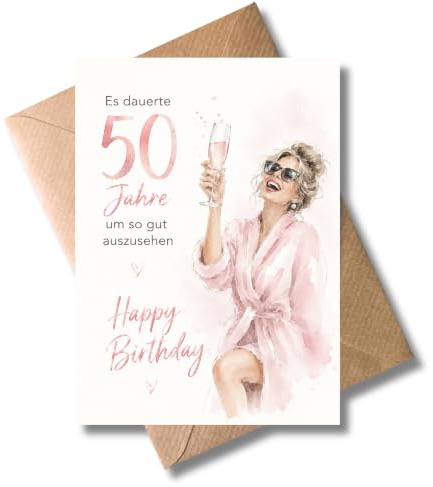 WBdesignz glamouröse Geburtstagskarte 50 Jahre mit Umschlag - Es dauert 50 Jahre um so gut auszusehen - Lustige süße Glückwunsch Karte zum 50. Geburtstag - Fünfzig - Frauen Mama Kollegin (DIN A6)
