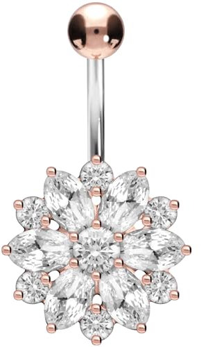 PIERCINGLINE Bauchnabelpiercing Titan Kristall-Blume 925er Silber Bananabell Piercing Roségoldfarben