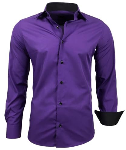 Subliminal Mode - Repassage Facile Chemise Homme Col Bicolore Uni Manches Longues Coupe Slim Business Idée Cadeau, Noël, Saint Valentin RN44,L,Violet