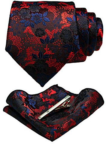 JEMYGINS Herren Blumen Krawatten und Einstecktuch Sets mit Krawattenklammer in verschiedenen Farben erhältlich,rot/marineblau/schwarz