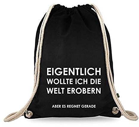 Turnbeutelliebe® Turnbeutel mit Spruch - Weltentdecker - Verschiedene Motive - Baumwolle schwarz - Sportbeutel - Rucksack - ca. 12 Liter - 37 x 46 cm (Eigentlich wollte ich die Welt erobern)