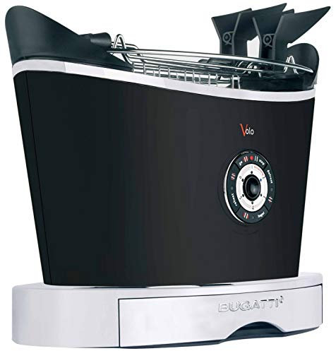BUGATTI, Volo, Tostapane Elettronico con pinze, 4 Funzioni, 6 Livelli di Tostatura, Design innovativo, Corpo in Acciaio Inox, Potenza 930 W (Nero Opaco)