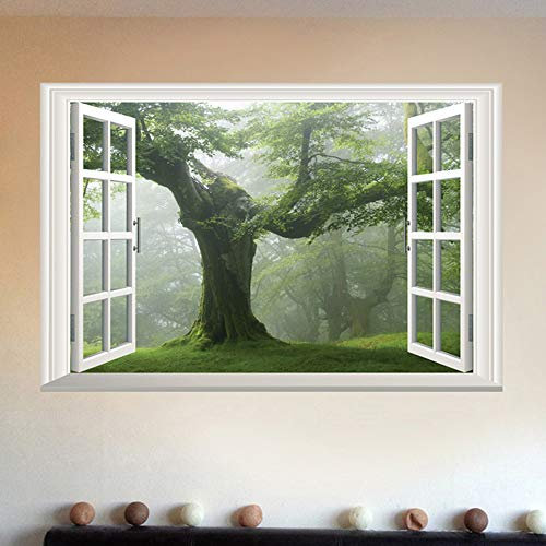 AIKENR 3D falsos adhesivos de pared para ventanas, diseño de lagos pacíficos con sol a través del bosque, marco de decoración de ventanas, vinilo extraíble, murales para dormitorio, sala de estar y