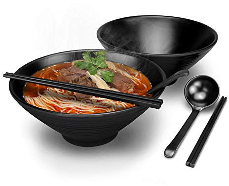 2 Ensembles 1200ml Bol de Soupe Japonaise aux Nouilles Ramen Ensemble de Vaisselle en Plastique Dur Mélamine, Vintage Bol à Soupe avec Cuillère et Baguettes, pour plats asiatiques, pho
