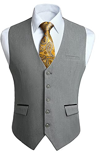 HISDERN Gilet Costume Gris Homme Mariage Formel Gilets sans Manche Classique Casual Veste pour Business Fête avec poches XS