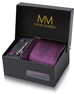 Cravate Homme Violet et mouchoirs de poche, boutons de manchette et Pinces à cravates | Coffret cadeau | Accessoires de Fete de Mariage