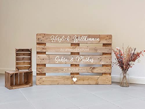 Palettenaufkleber personalisiert - Willkommen Schriftzug - Aufkleber Hochzeit 6 Designs | Hochzeitsaufkleber | Willkommensschild Hochzeit | Euro-Palette