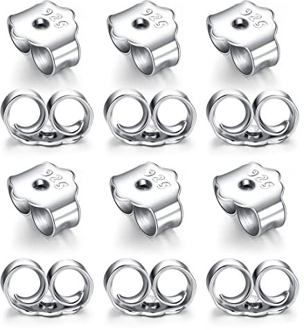 12 Pares Tuercas de Pendientes Plata de Ley 925 Cierres Tapón de Seguridad Tope Posterior Mariposa Tamaños Universal para Hacer Joyería Bisutería Aretes Fabricación de Joyas