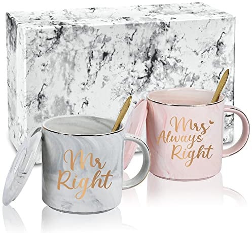 Joymaking 12 oz Mr Right & Mrs Always Right Coffee Mug Sets, Wedding Gifts for Couples New Home Gifts for Couples Friends Parents, Engagement Gifts for Her, Set of 2 (Pink, Grey)