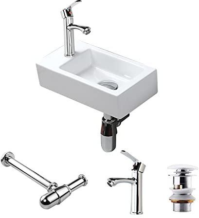 CROSS ZEBRA Lavabo Mural en Céramique Lavabo Rectangle Petite Taille avec Robinet Siphon Blanc Design Moderne Simple et élégant Facile à Installer et à Nettoyer pour Salle de Bains WC (Main Gauche)