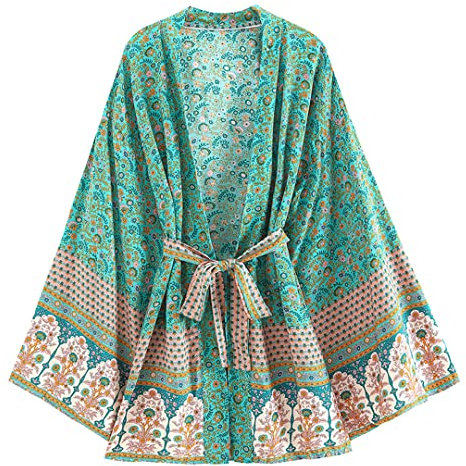 Vintage Boho Grün Blumendruck Roben Strandmode Capes 3/4 Ärmel Schärpen Rayon Baumwolle Ethnic Style Cover Ups, Siehe Abbildung, 46
