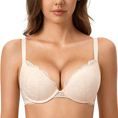 DOBREVA Femme Soutien Gorge Push Up Dentelle avec Armatures Plongeant Rembourré Moulé Rose Blanc 100C
