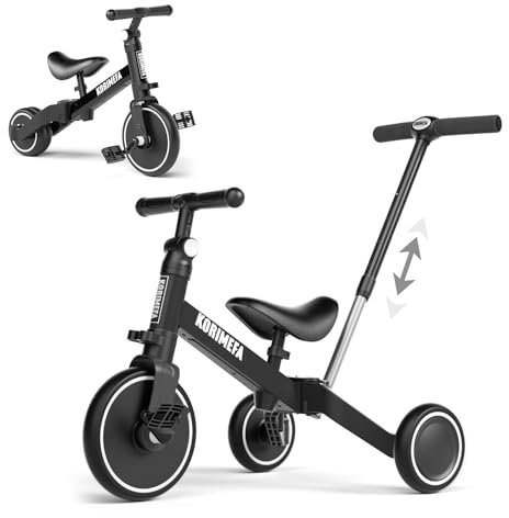 KORIMEFA 4 in 1 Kinder Laufrad Dreirad, Kinderdreirad Laufräder Lauffahrrad mit höhenverstellbarer Schubstange PU-Sitz, Lauflernrad Abnehmbarer Pedale ab 1 Jahr (Schwarz(mit Schubstange))