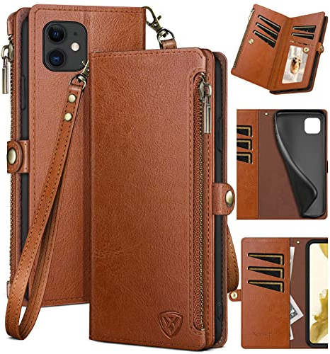 XcaseBar compatible with ‌iPhone 11 6.1 Wallet case with Zipper Credit Card Holder【RFID Blocking】,Flip Folio Book PU Leather Cover Shockproof Phone case Women Men for Apple 11 case Light Brown