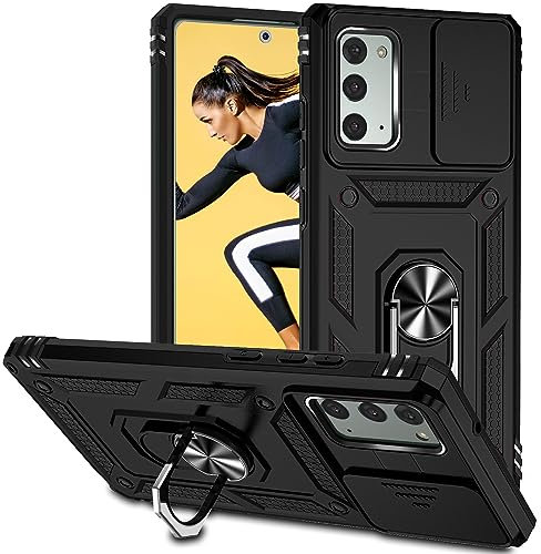 POUHYE Handyhülle für Samsung Galaxy Note 20 Hülle, [ Slide Camera] Hybrid Militärqualität Stoßfest Bumper Outdoor Handyhülle mit 360° Drehbarer Metall Ring Ständer Schutzhülle Case Schwarz
