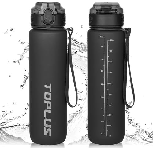 TOPLUS Sports Water Bottle 1L, BPA-Free Tritan Plastic Water Bottle for teenagers, adults, sports, hiking, gym, fitness, outdoor activities, cycling, school and office,Black