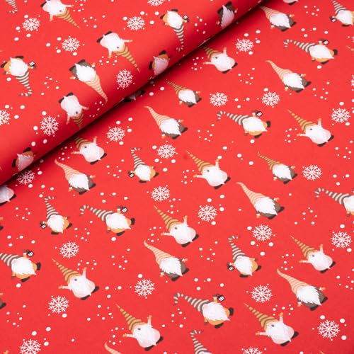 Weihnachtsstoff aus Baumwolle | Weihnachtsmuster Popeline zum Nähen | Stoff Weihnachten Meterware (Wichtel rot)