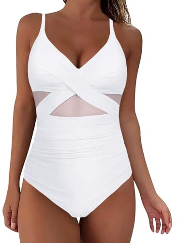 Women's One Piece Swimsuit Mesh Tummy Control Tankini Two Piece Long Sleeve Period Swimwear for Teens White