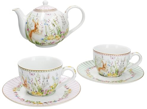MamboCat Happy Easter buntes Teeset für 2 Personen I 1x Teekanne mit Sieb und 2X Teetassen mit Untertassen aus Porzellan I farbenfrohes Geschirr für Frühstück & Kaffee an Ostern