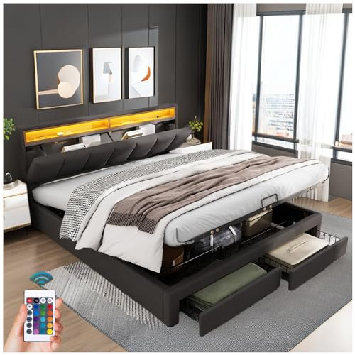 Racxily Letto imbottito con LED e contenitore, con cassetti e vani portaoggetti, letto matrimoniale 180 * 200cm,struttura in acciaio, lino,grigio