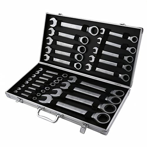 BAOCHADA 22 Tlg Gelenk-Ratschenschlüssel Satz 6-32MM Ratsche Schraubenschlüssel Set, Gabelschlüssel Ringmaul Schlüssel Set mit Koffer, Chrom-Vanadium-Stahl Ringmaulschlüssel, 60x30x8,5CM, Silber