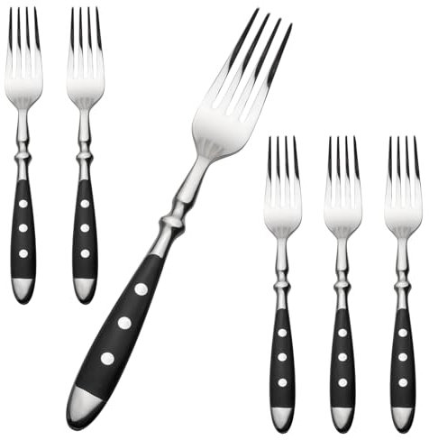 Alata Lot de 6 fourchettes de table modernes en acier inoxydable avec poignées noires - Fourchettes et cuillères - Idéal pour la maison, le restaurant, les fêtes en plein air, les mariés - Série