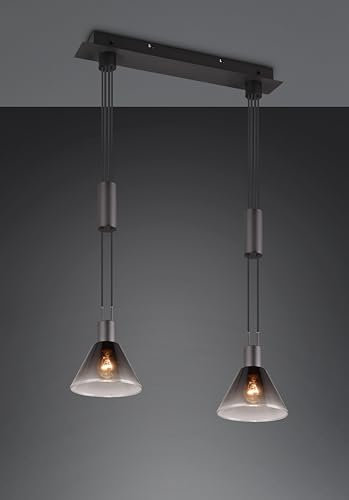 lightling Modern Pendellampe Stefanie 2-flammig, rauchfarbiges Glas, höhenverstellbar, exkl. 2 x E27 max. 40W, Höhe 160 cm, Breite 55 cm, Metall, schwarz matt