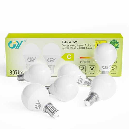 GY E14 LED Warmweiss Lampe 4.9W 3000K 807 Lumen Warmweiß Leuchtmittel,G45/P45 Energiesparlampe 60W lampe ersetzt,Nicht Dimmbar LED Birnen,6 stück