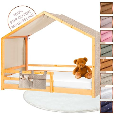 Lovely Hippo Hausbett Himmel - 100% Baumwolle Betthimmel Hausbett aus Musselin - Bett Vorhang Kinderbett - Himmelbett Vorhänge für 90x200 (Beige Tasche, 97 x 402cm)