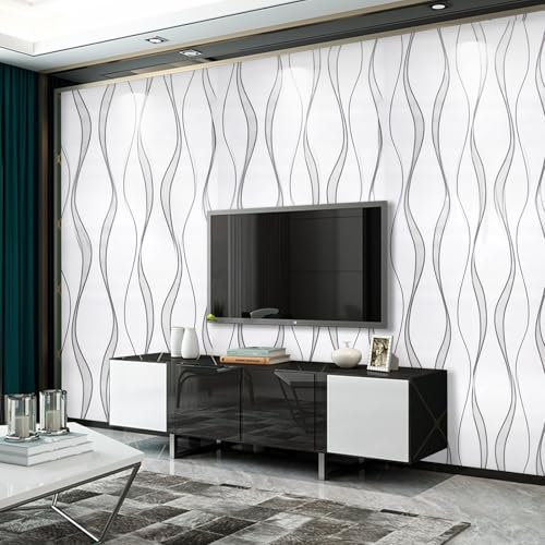Beswitory Non-Woven Wallpaper Glitter Effect Textured 3D Flocking Embossed Wallpapers 53cm x 9.5m Wave Stripes Wall Paper Roll for Living Room Bedroom White