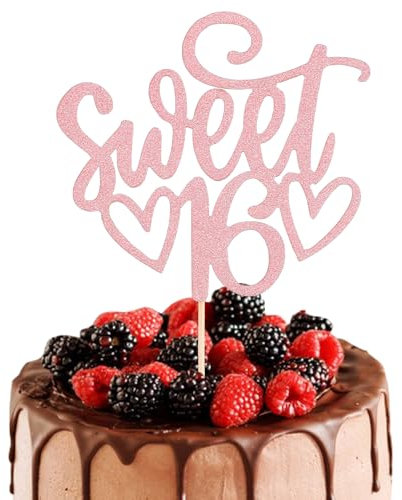 Sweet 16 Cake Topper 16 th Glitter Cake Topper Sweet Teenager Birthday Cake Pick, 16 Years Old Rose Gold Topper for Cake, Happy Sweet 16 Party Decoration Supplies