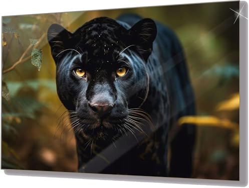 UVTECHPRINT Glasbild Wandbild Heimdekoration Schwarzer Panther Tiere Dschungel 90x60 cm Wohnzimmer Kunstdruck Bilder auf Glas