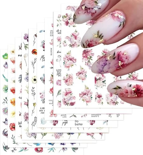 GZMAYUEN 9 Blätter Nagelaufkleber Blumen 3D Selbstklebend Nagelsticker Fingernagel Nailart Sticker Nagel Deko Nageldesign