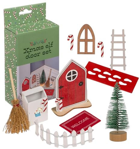 MIJOMA Wichteltür Set Weihnachten – 11-teiliges Weihnachtswichtel Zubehör mit Tür, Baum, Zuckerstangen, Zaun & mehr – Miniatur Feentür für magische Weihnachtsdeko