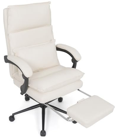 Fullwatt Bürostuhl mit Armlehnen, Bürostuhl Ergonomisch, Höhenverstellbar, bis 120 kg, 360° Drehstuhl für Haus, PU Leder, für Büro, Homeoffice, Braun (Beige mit Fußstütze)