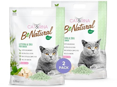 Cat&Rina BeNatural Tofu Katzenstreu, 5,5 l, 2 Stück | Klumpend und pflanzlich. Bis zu 30 Tage Nutzung. Entsorgbar im Bio oder WC Geruchshemmend Grüner Tee