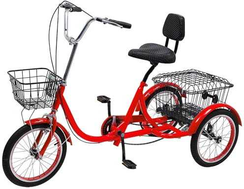 Queeucaer 16 Zoll Dreirad Senioren Erwachsene 3 Rad Fahrrad Mit Korb Tricycle Bike,150 kg,150x62CM Dreirad - 16'' Räder - Liegesitz -Rot