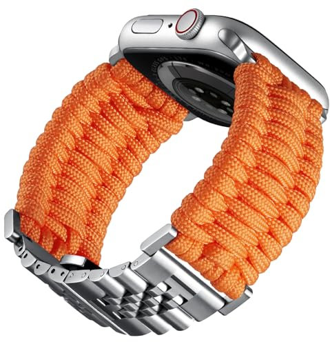 BINLUN Compatibile con Apple Watch Cinturino 46mm 45mm 44mm 42mm Cinturini Sportivo Intrecciato 550 Paracord Acciaio Compatibile con iWatch Series 10/9/8/7/6/5/4/3/2/1 SE3/2/1(Arancione Argento)